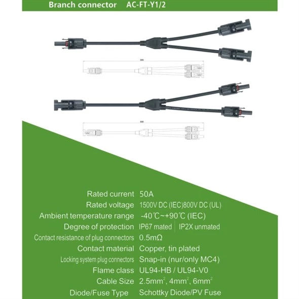 Connettore solare GETI MC4: 1 presa femmina – 2 spine maschio, 30 cm