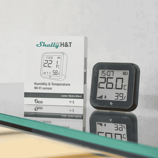 Shelly H&amp;T Gen3, Smart Wi-Fi Temperature and Humidity Sensor with E-Ink Display, Black