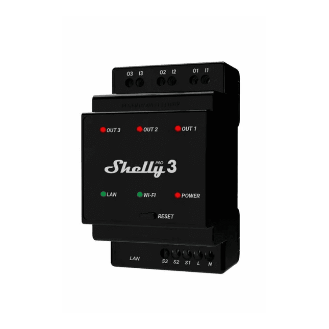 Shelly Pro 3, Professional 3-Channel Smart Relay, DIN, LAN + Wi-Fi, 16A