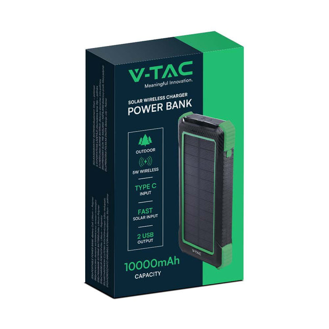 Power bank portatile, ricarica wireless, pannello solare, 10.000 mAh, V-Tac