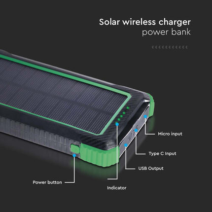 Power bank portatile, ricarica wireless, pannello solare, 10.000 mAh, V-Tac