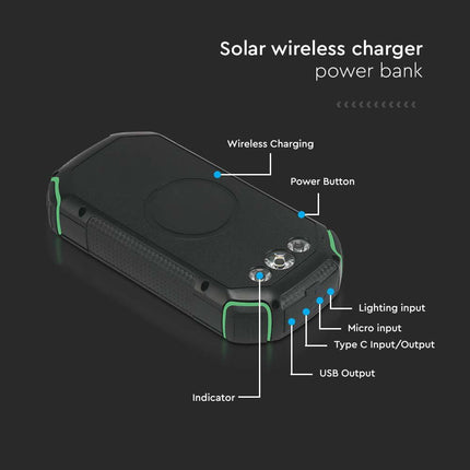 Power bank portatile, ricarica wireless, pannello solare, 30.000 mAh, V-Tac