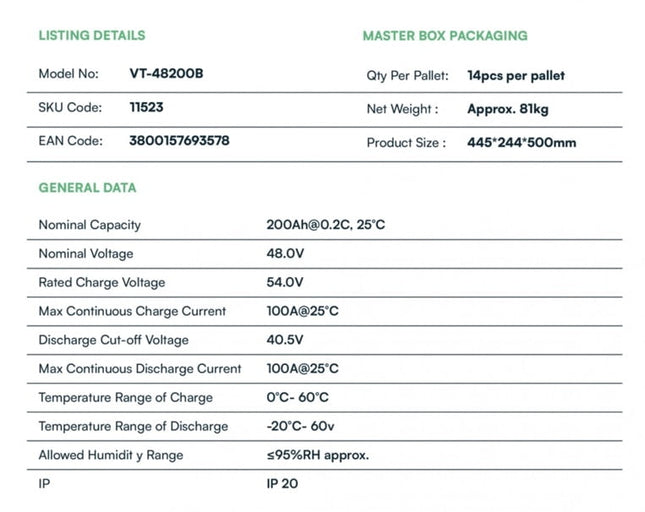 Batteria fotovoltaica LiFePo4 da 9,6 kWh VT-48200B, V-TAC