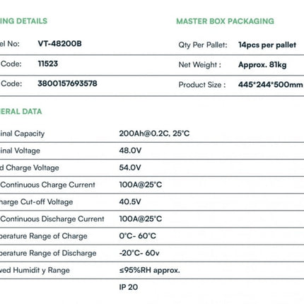 Batteria fotovoltaica LiFePo4 da 9,6 kWh VT-48200B, V-TAC