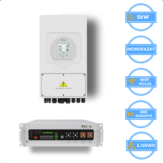 Inverter Deye da 5 kW, SUN-5K-SG05LP1-EU-AM2-P + batteria Pytes da 5,12 kWh, v5a
